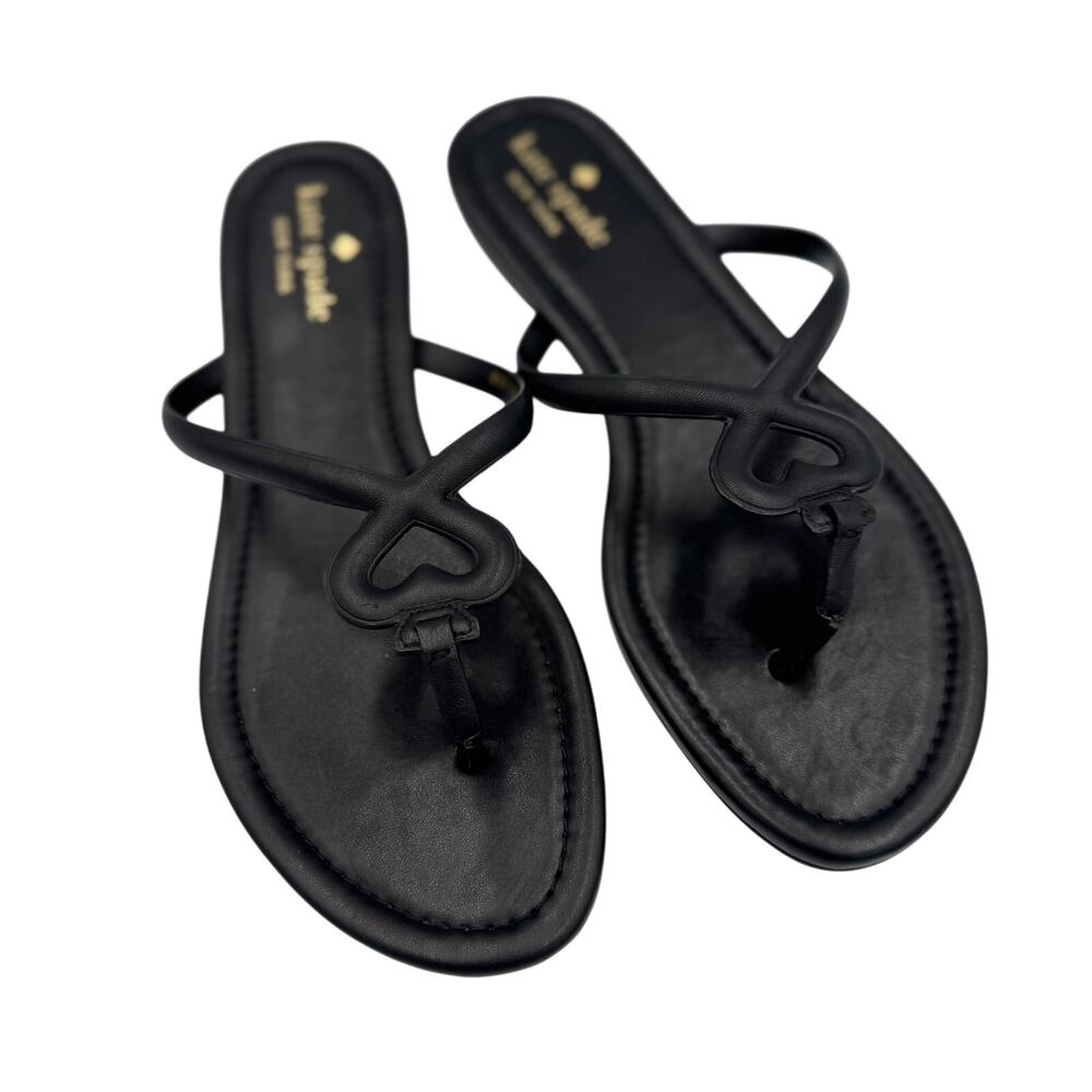 Kate Spade Pamela Black Napa Leather Heart Thong Sandal Flat Slide 9 39.5 Resort - Picture 2 of 13